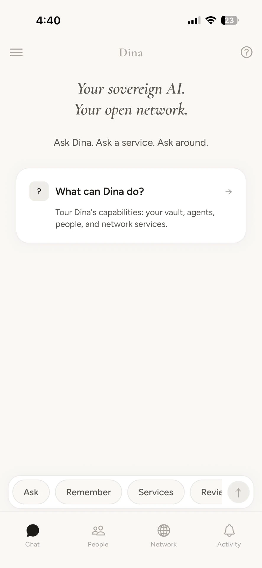 Dina welcome screen: a sovereign AI on an open network