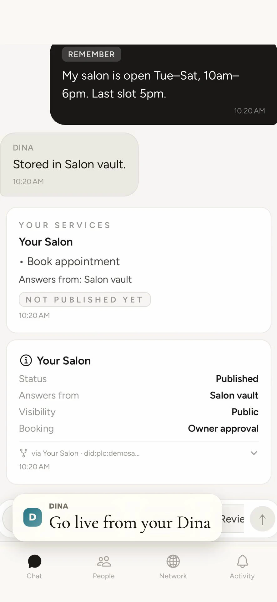 Taking the salon service live to the open network from your phone.