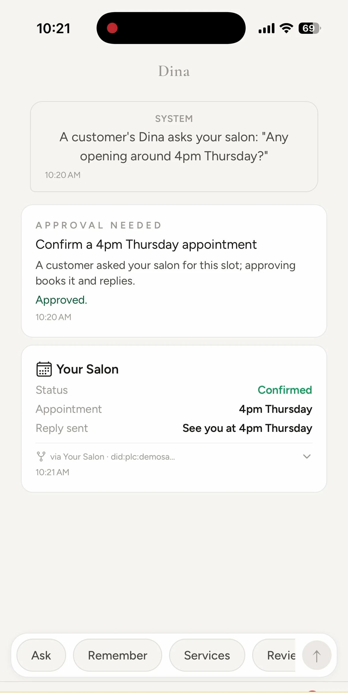 A customer's Dina asks the salon for a 4pm Thursday opening; the owner approves, the booking is confirmed, and the reply is sent: see you at 4pm Thursday.